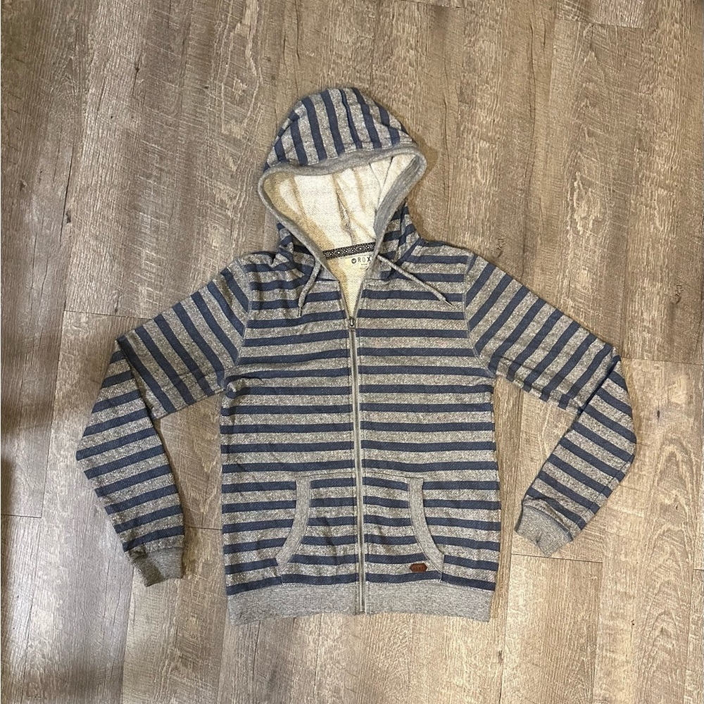 Roxy Blue Gray Striped Hoodie Sweatshirt Jacket Full Zip Medium Womens Scheels